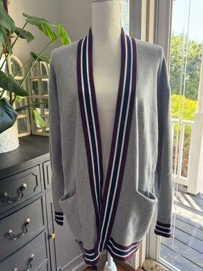 Halogen Grey Cardigan with Burgundy and Navy Trim